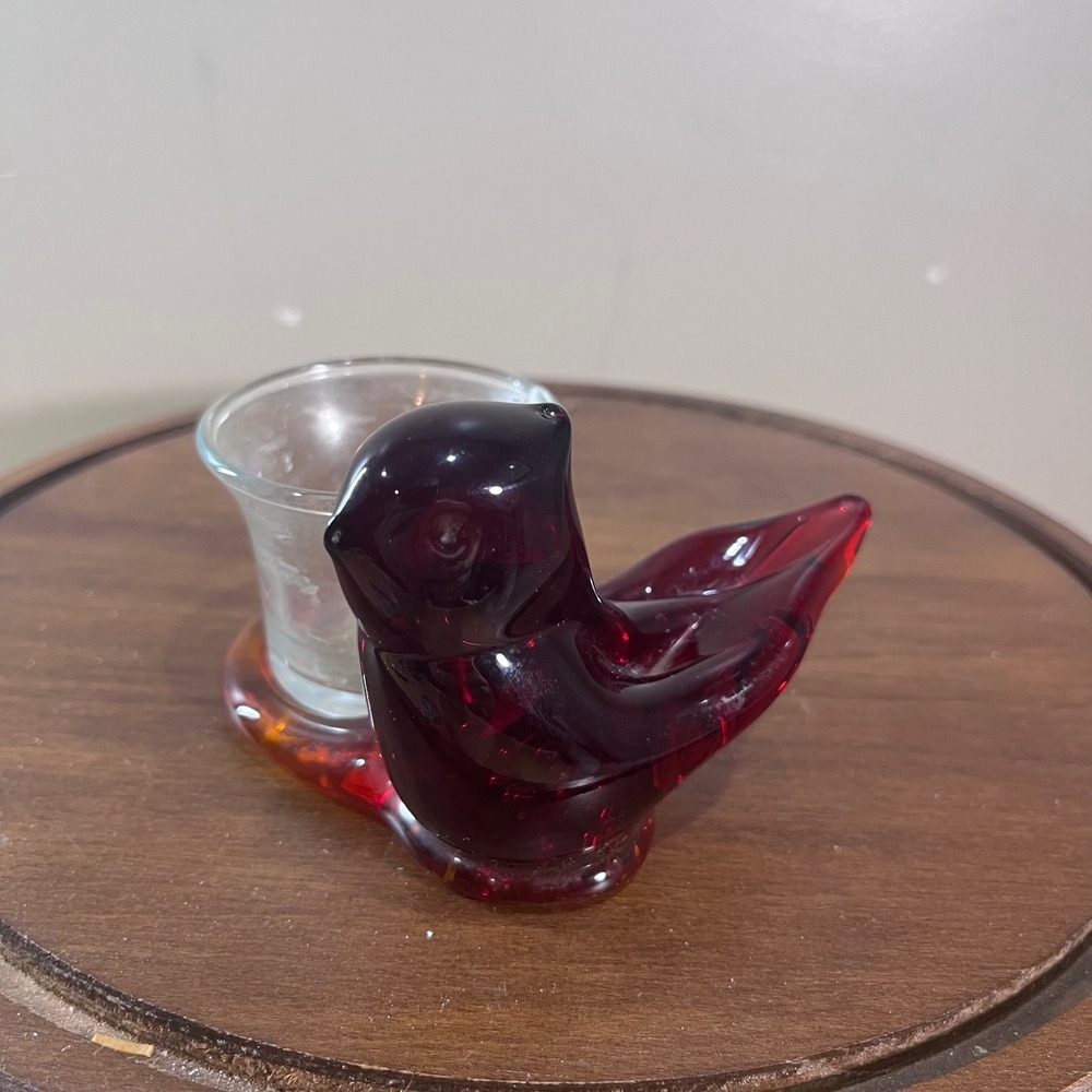 Vtg Leo Ward Cardinal Glass Bird Candle Holder Red UV Glow Art Glass Figurine